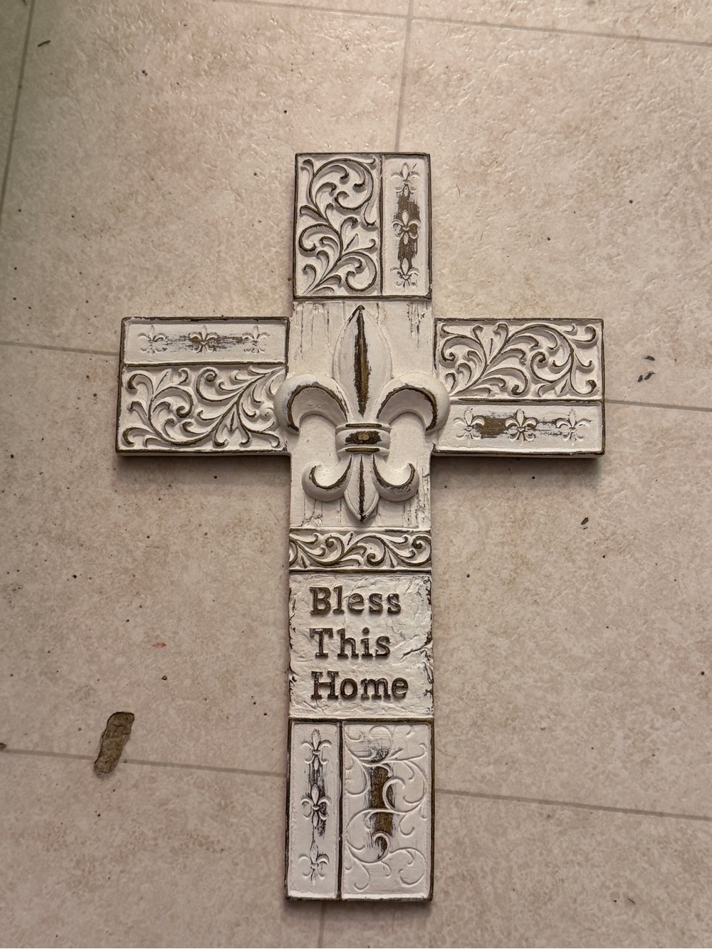Decorative Wall Cross "Bless This Home" - Distressed White